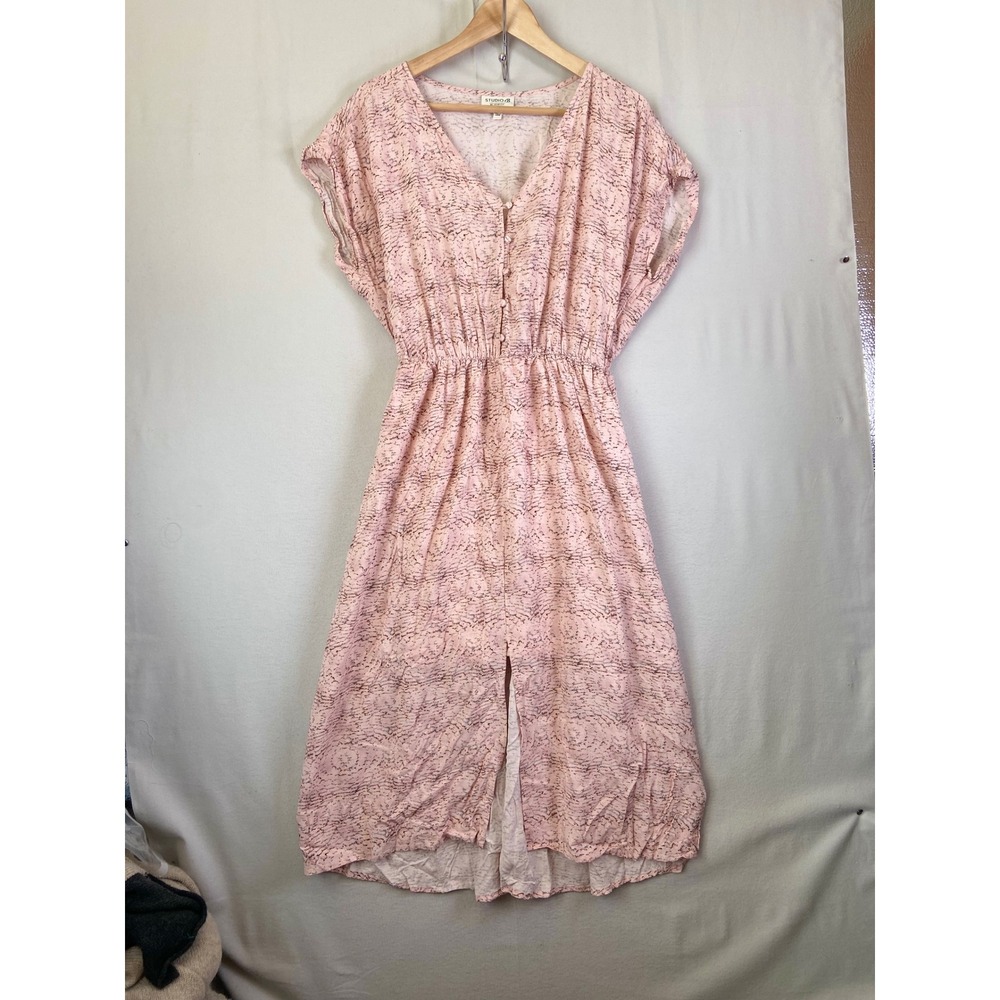 Studio B by Bobeau Pink Abstract Print Button Front Midi Dress Womens Medium